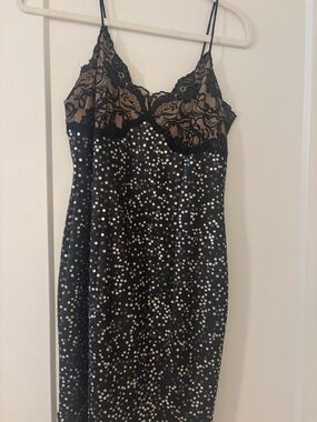Black Sequin Mini Dress with Lace Bodice